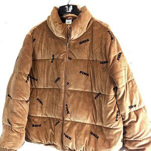 Victoria Secret PINK Puffer Jacket Coat Tan w/ Pink Spell Out Size XL